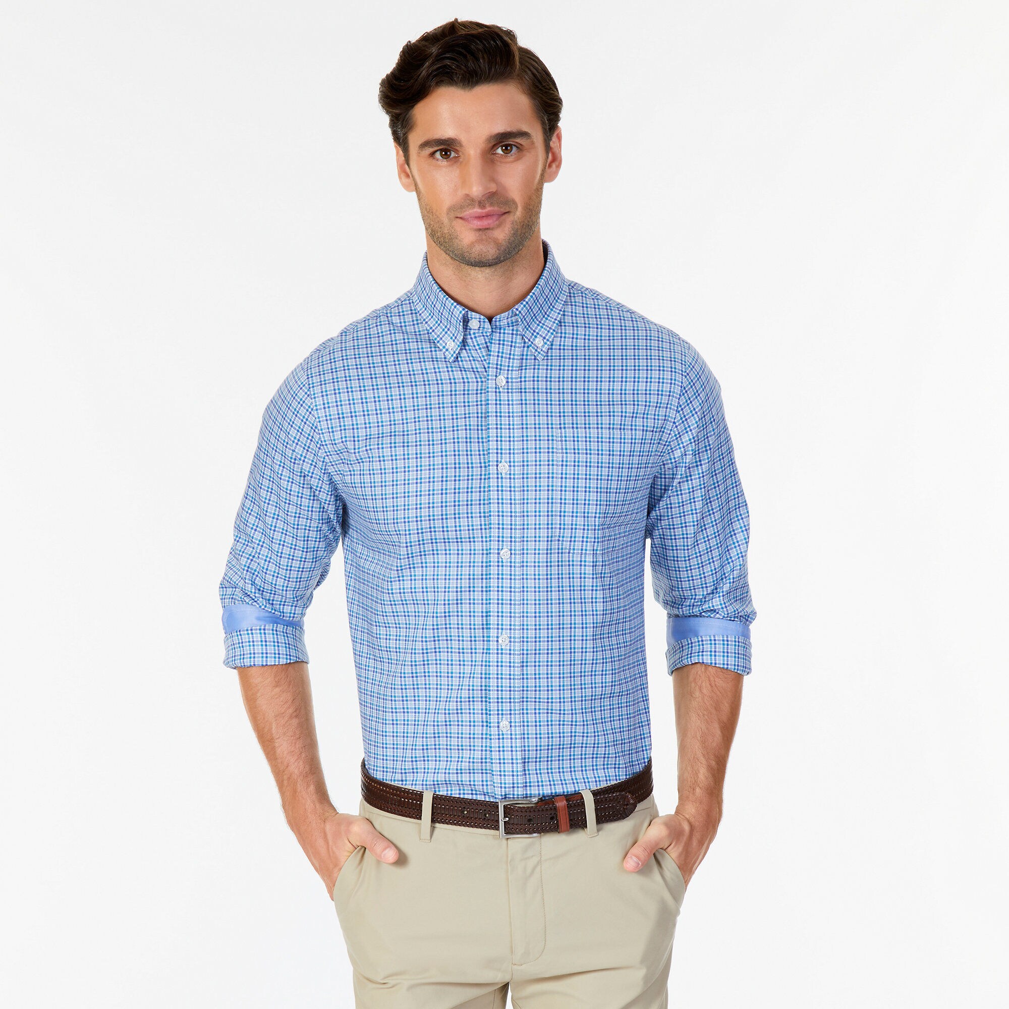 Classic Fit Tattersall Button Down,Harbor Mist,large