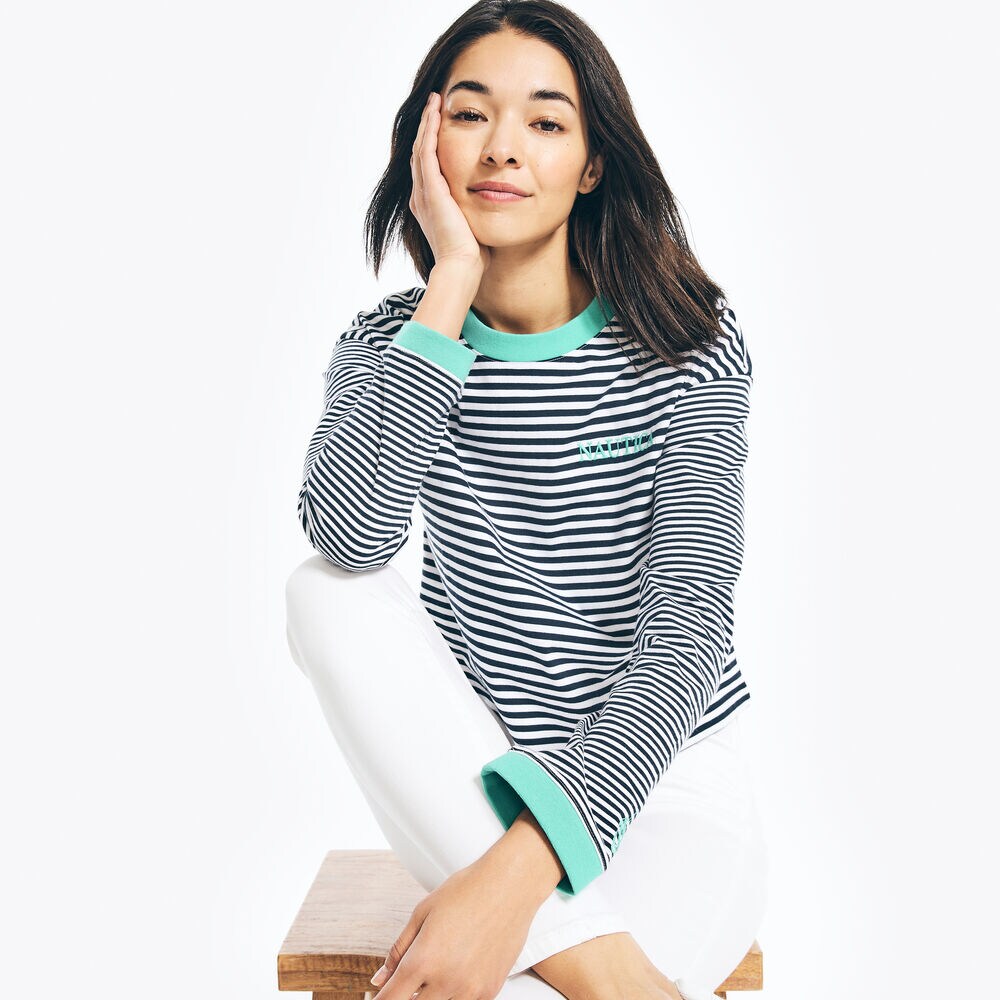 CROPPED STRIPED LONG-SLEEVE T-SHIRT,Bright White,large