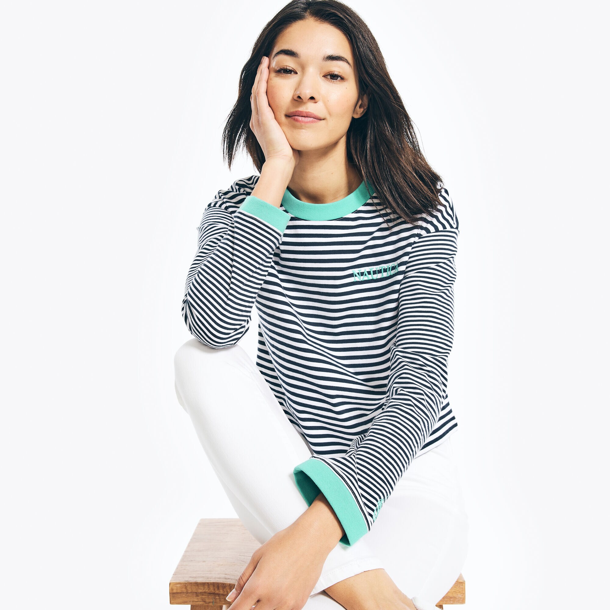 CROPPED STRIPED LONG-SLEEVE T-SHIRT,Bright White,large