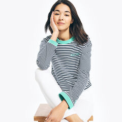 CROPPED STRIPED LONG-SLEEVE T-SHIRT,Bright White,large