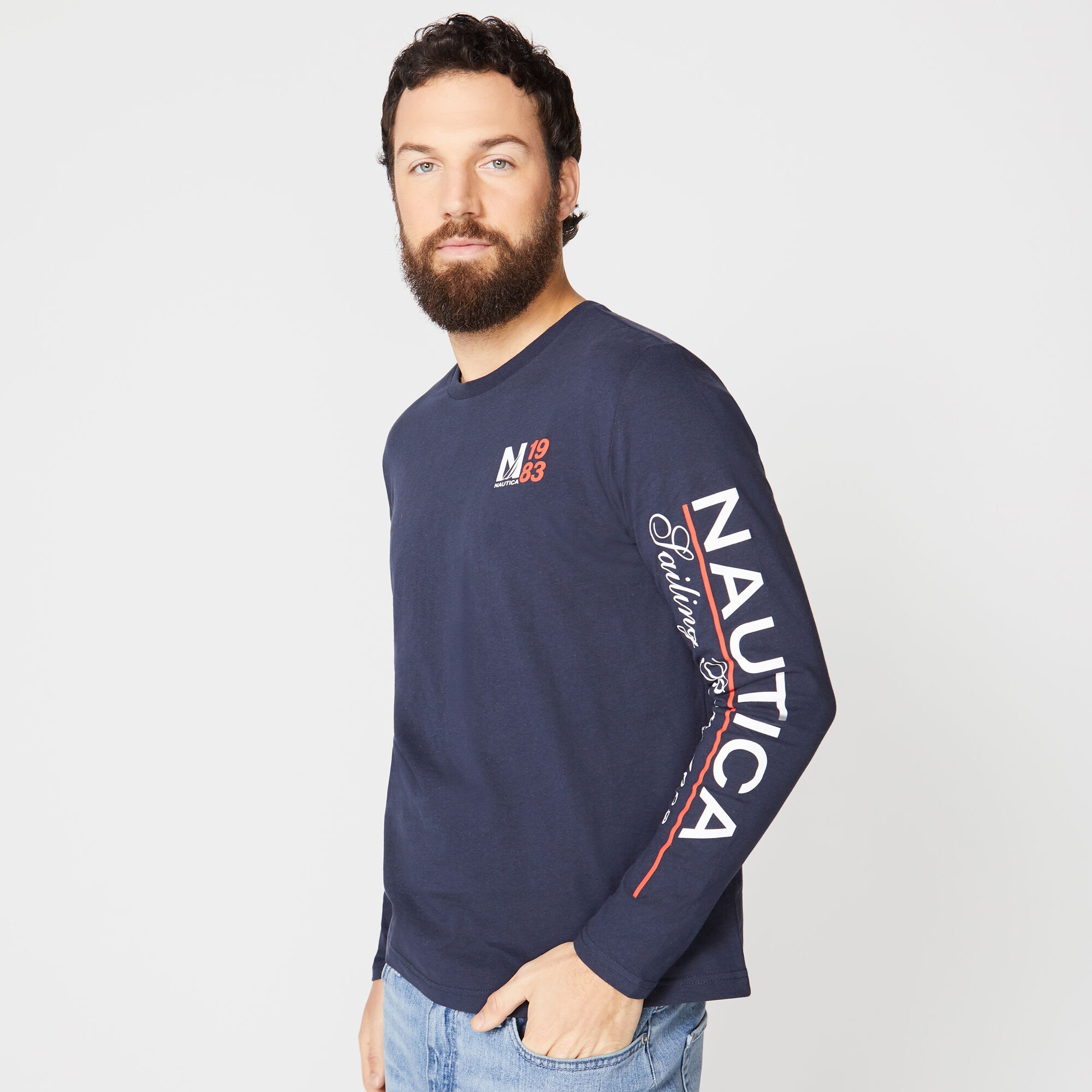 GRAPHIC LONG SLEEVE T-SHIRT,Navy,large