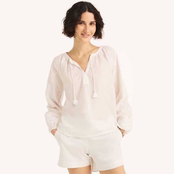 Embroidered Split-Neck Top