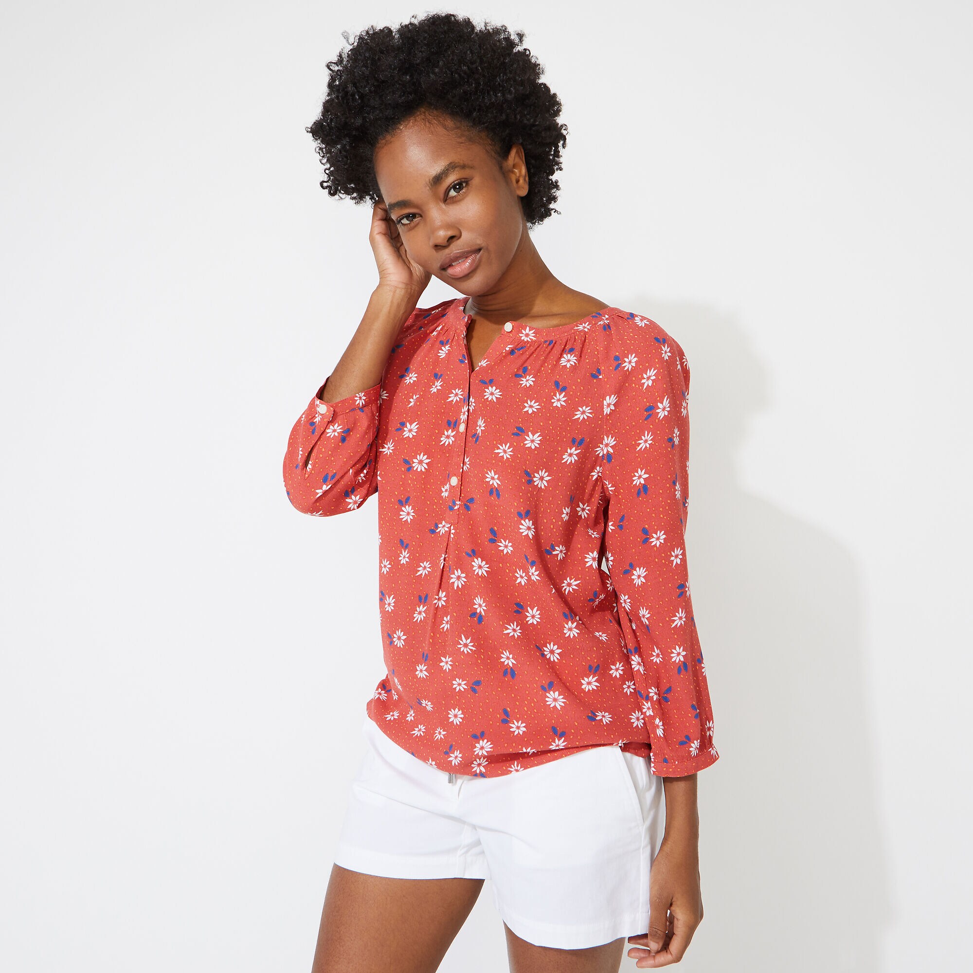 NAUTICA JEANS CO. DOT AND FLORAL PRINT TOP,Crimson,large