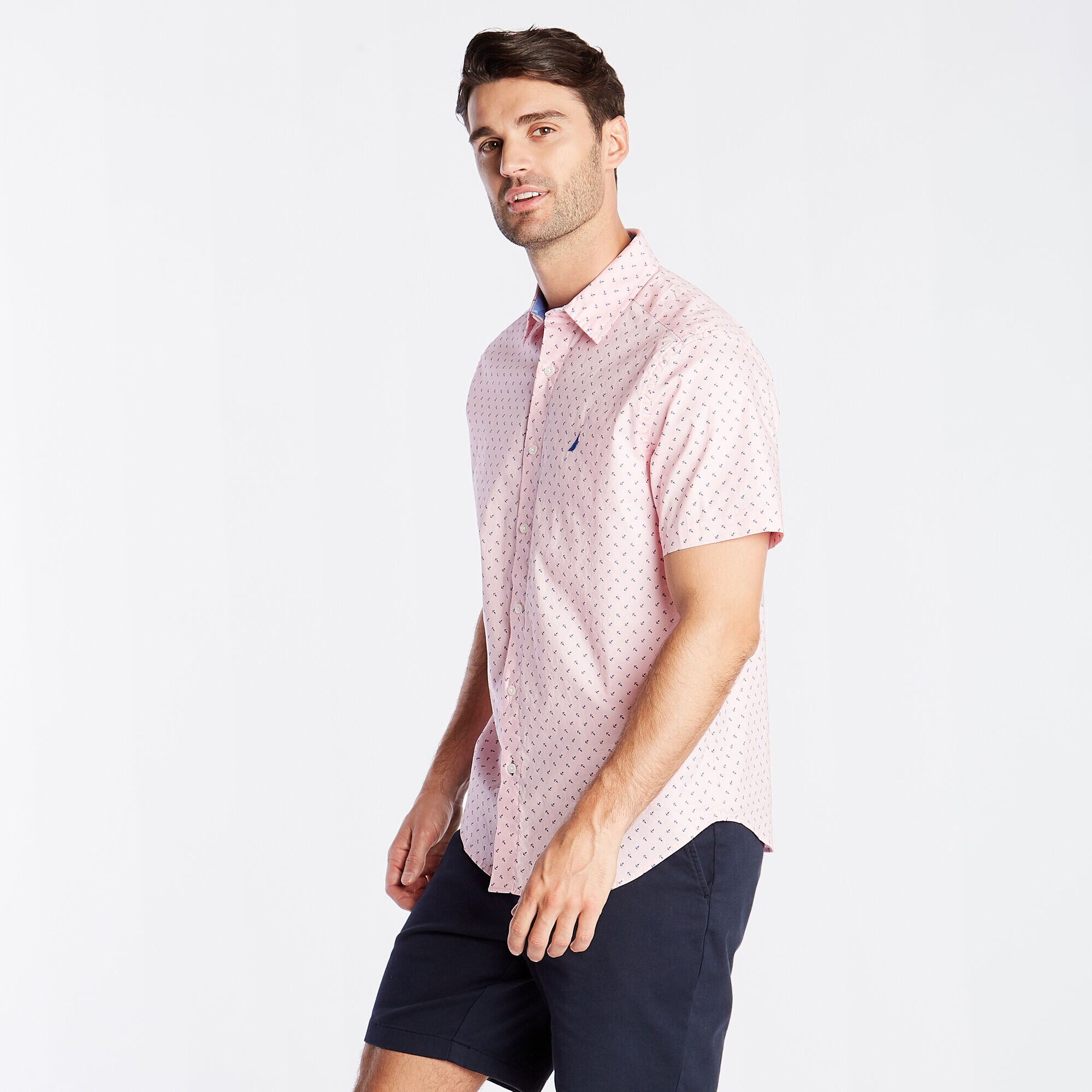 CLASSIC FIT SHORT SLEEVE OXFORD SHIRT IN DIZZY ANCHOR PRINT,Orchid Pink,large