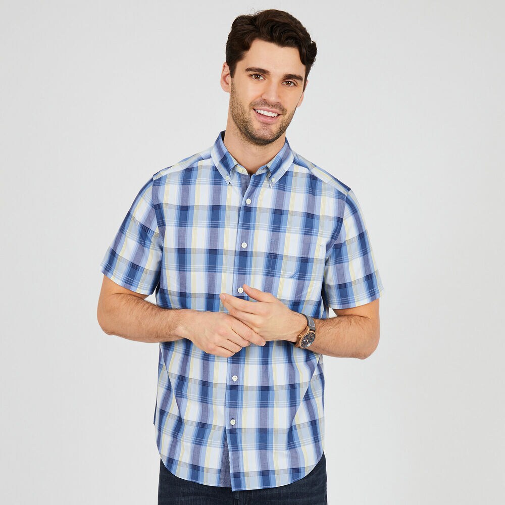 Classic Fit Plaid Short Sleeve Button Down,Riviera Blue,large