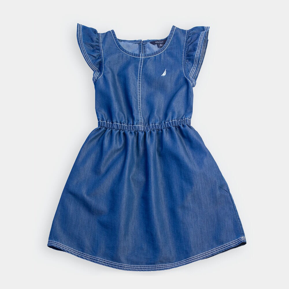 LITTLE GIRLS' CHAMBRAY FLUTTER SLEEVE DRESS (4-7),Clear Sky Blue,large