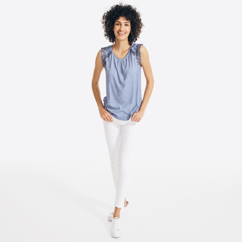 EMBROIDERED CROCHET-SLEEVE TOP,Angel Blue,large