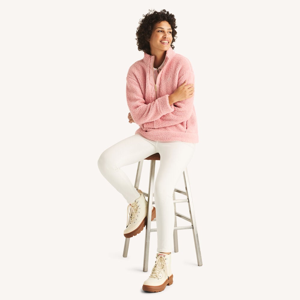 Quarter-Zip Faux Shearling Pullover,Sunguard Red,large