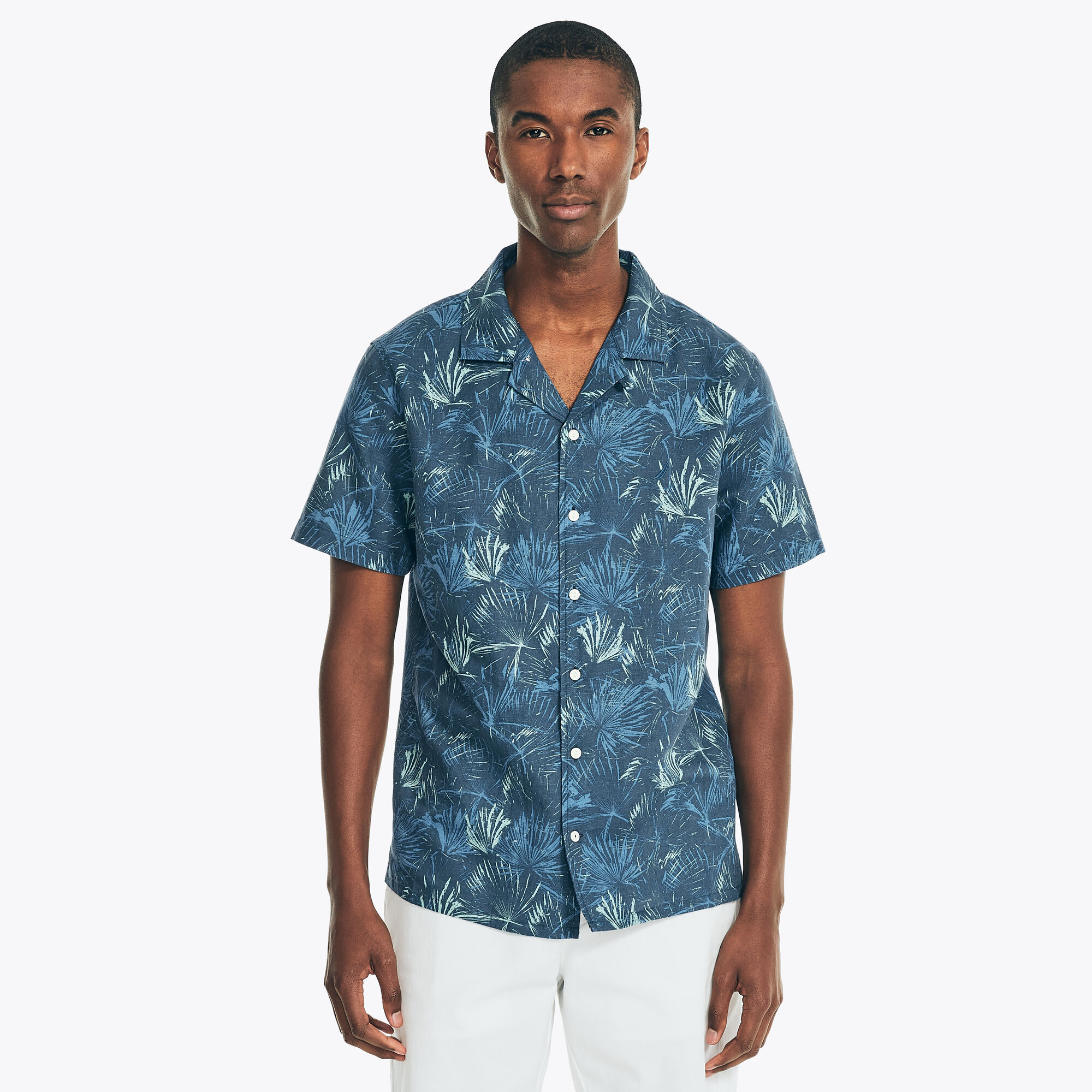 PALM PRINT LINEN SHORT-SLEEVE SHIRT,Lapis Blue,large