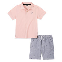TODDLER BOYS' POLO STRIPED "N" SHORT 2PC SET (2T-4T),Light Pink,large