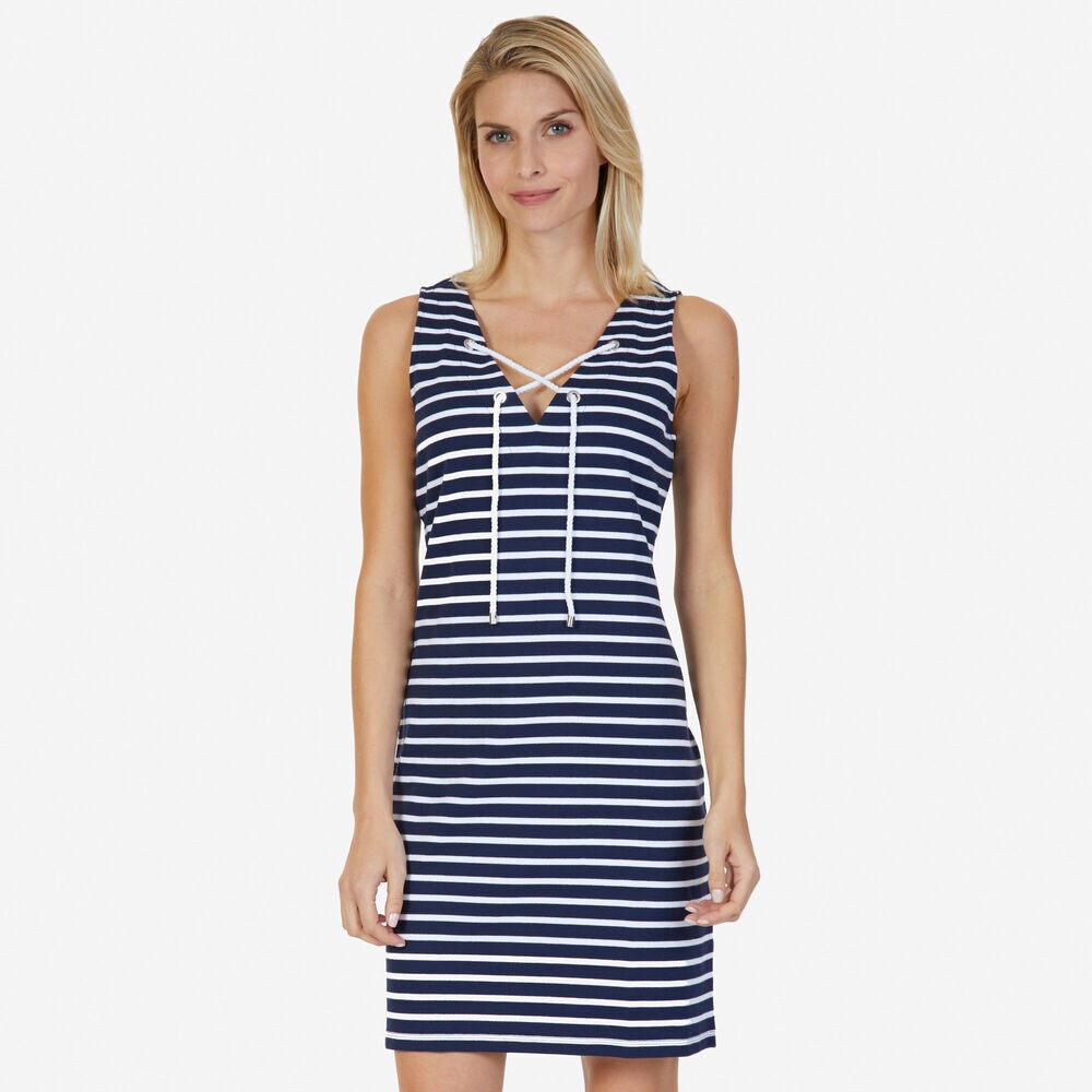 Lace-Up Striped Dress,Stellar Blue Heather,large