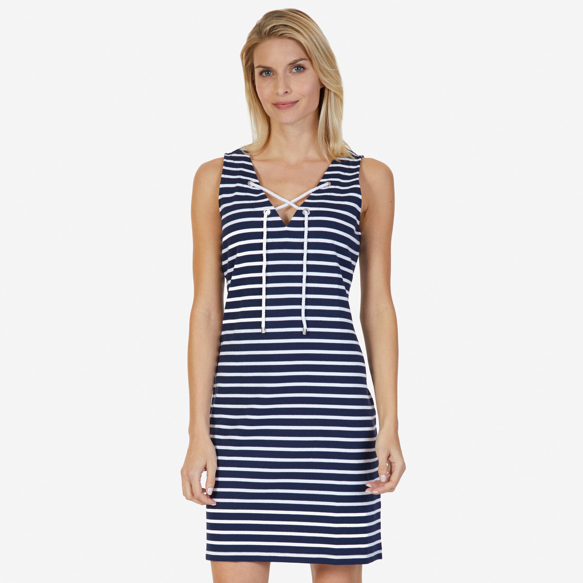 Lace-Up Striped Dress,Stellar Blue Heather,large