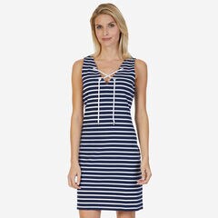 Lace-Up Striped Dress,Stellar Blue Heather,large