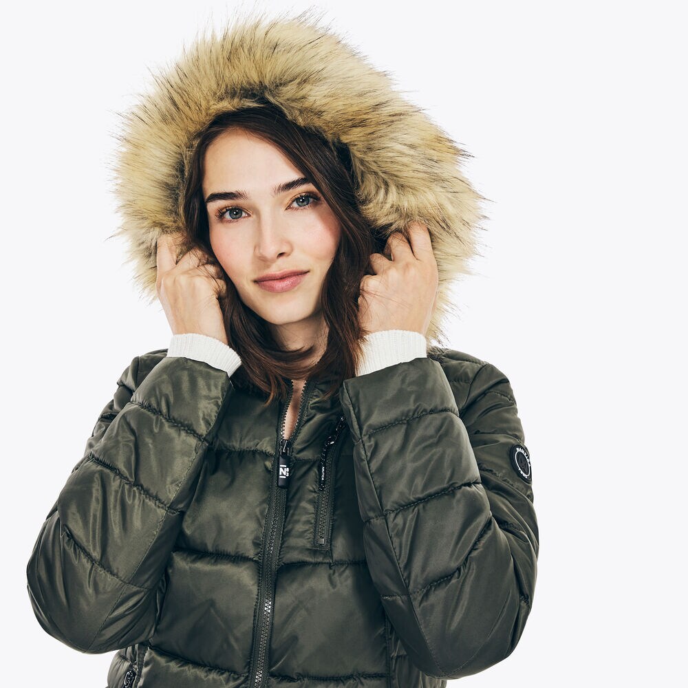 FAUX-FUR TRIMMED HOODED PUFFER,Teal Wave,large