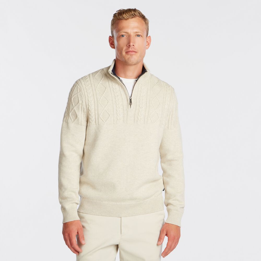 QUARTER-ZIP CABLE-KNIT SWEATER,Oatmeal Heather,large