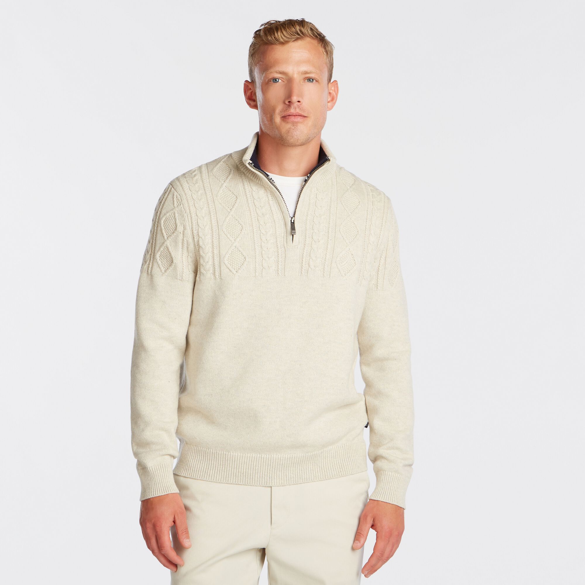 QUARTER-ZIP CABLE-KNIT SWEATER,Oatmeal Heather,large