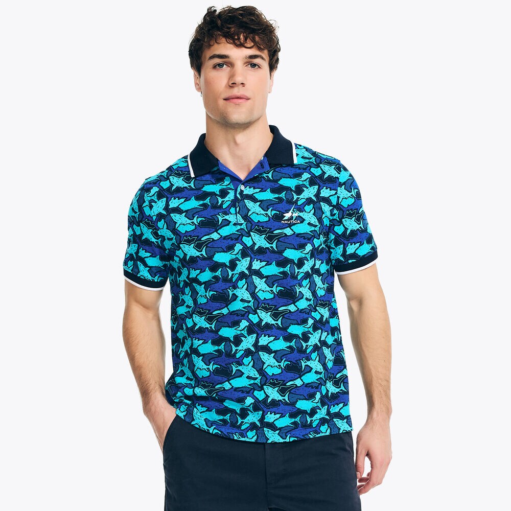 Shark Week x Nautica Sustainably Crafted Classic Fit Shark Print Polo,Bright Cobalt,large