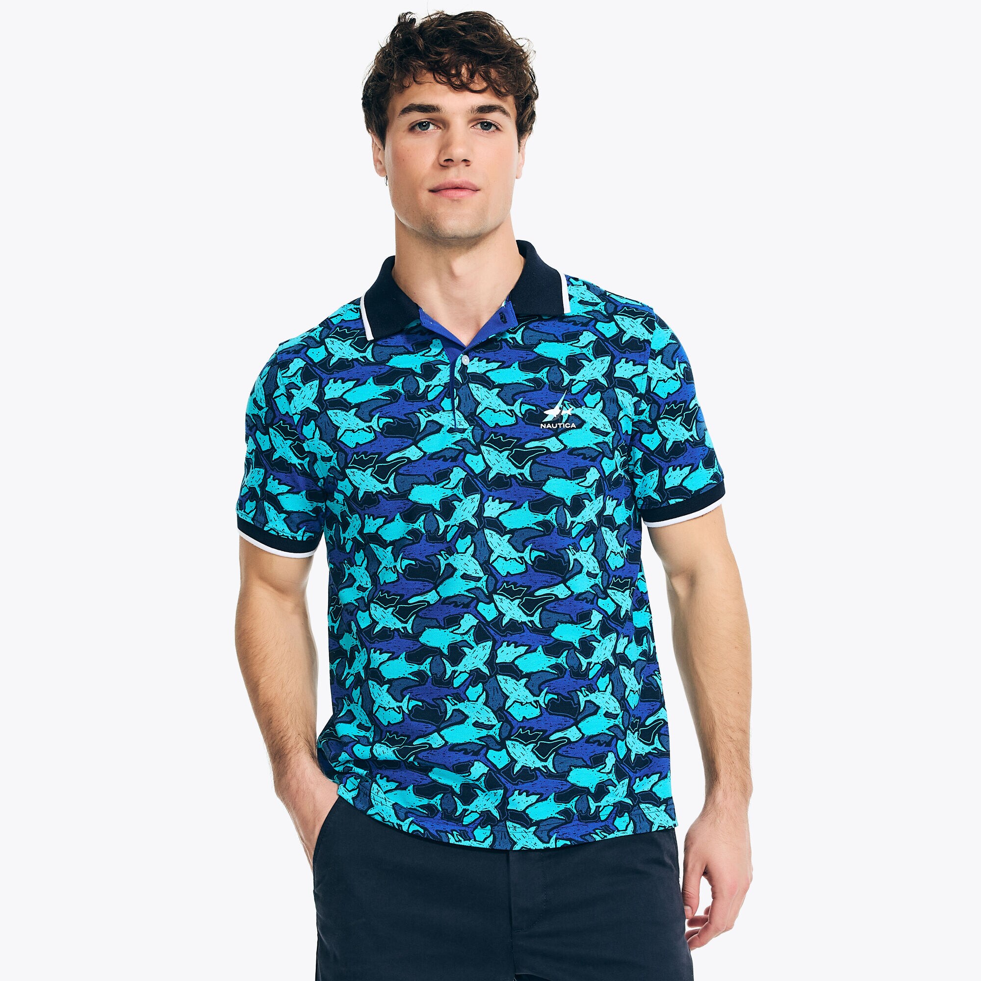 Shark Week x Nautica Sustainably Crafted Classic Fit Shark Print Polo,Bright Cobalt,large