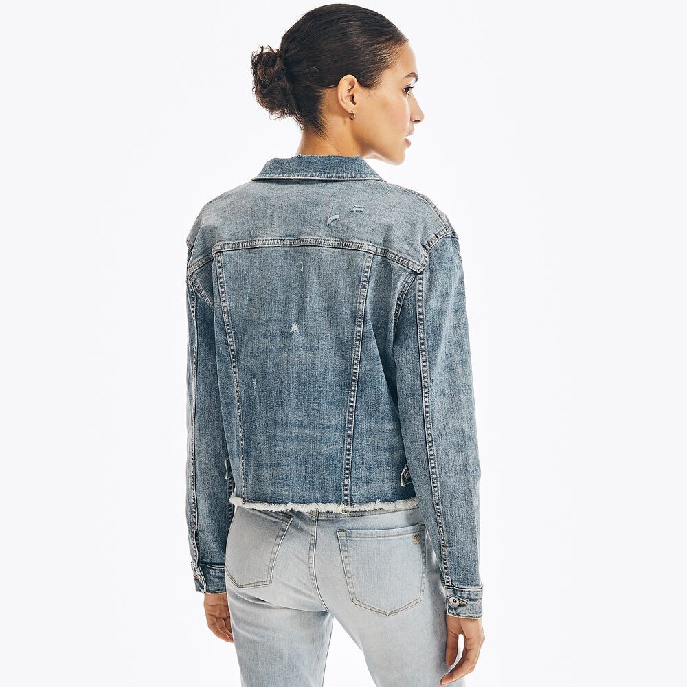 NAUTICA JEANS CO. FRAYED DENIM JACKET,Pool Side Aqua,large