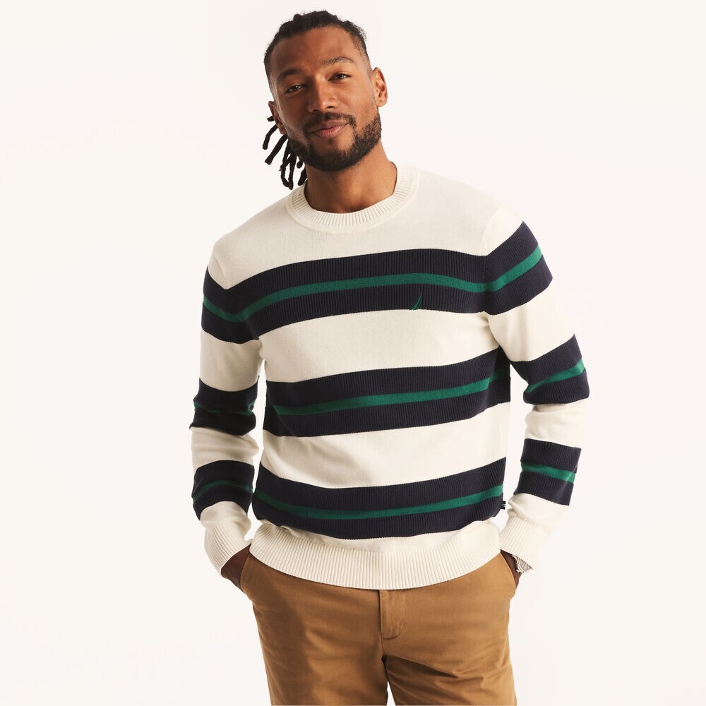 Striped Textured Crewneck Sweater,Marshmallow,large