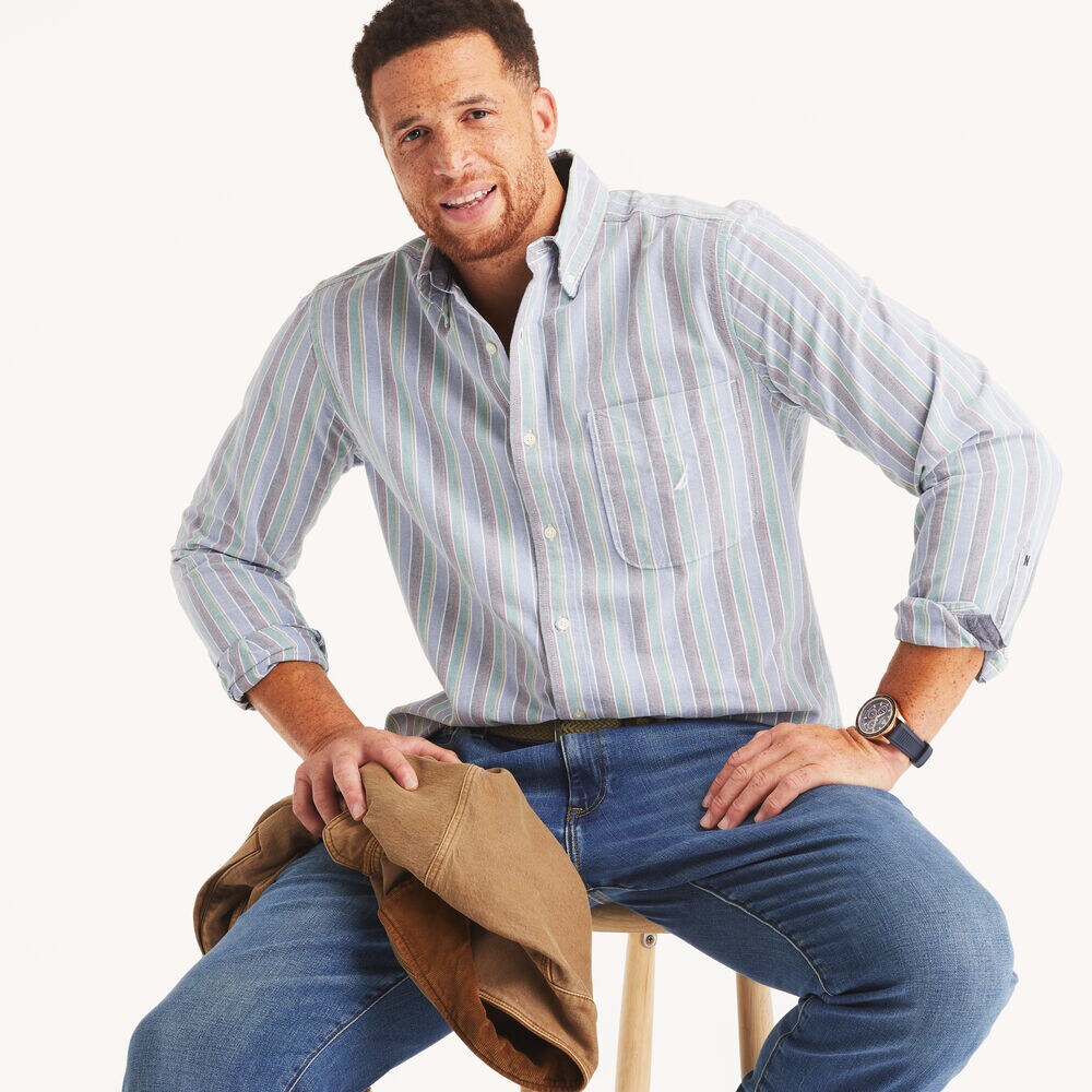 Big & Tall Striped Oxford Shirt,Navy,large
