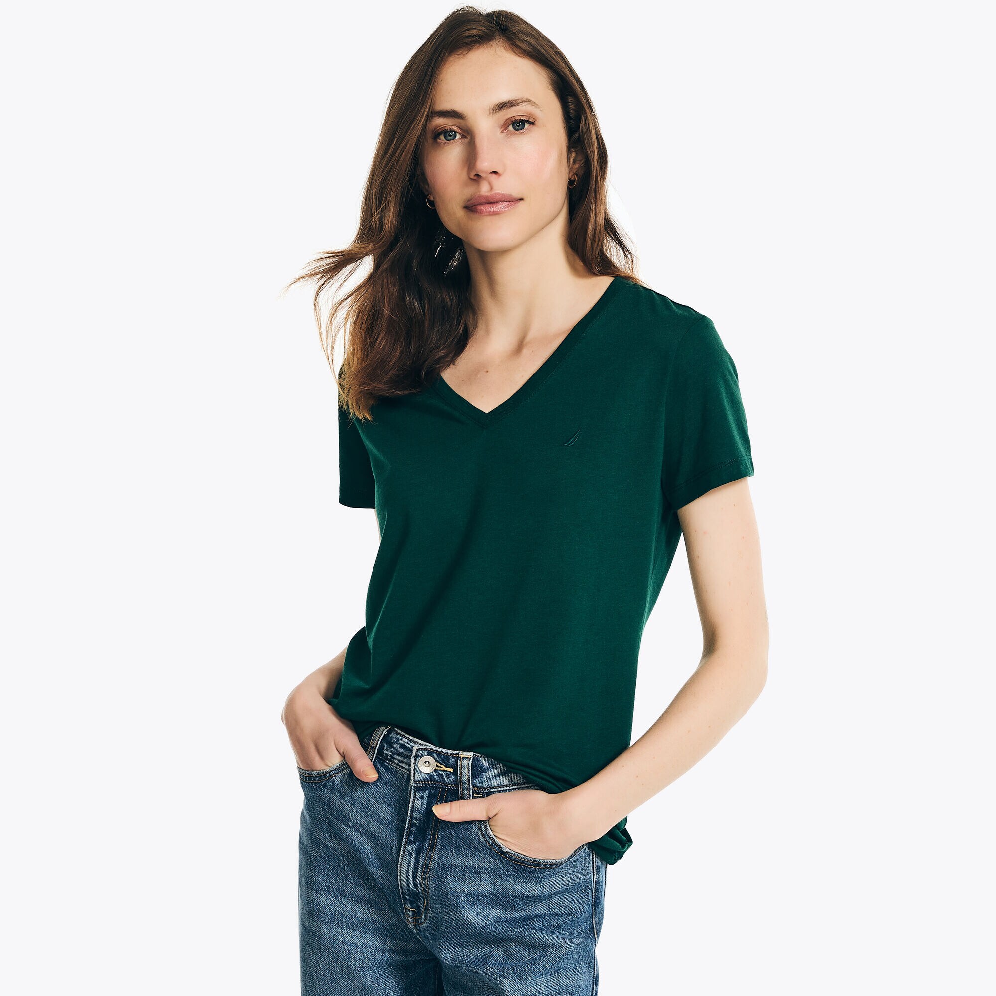 V-Neck Deck T-Shirt,Evergreen,large