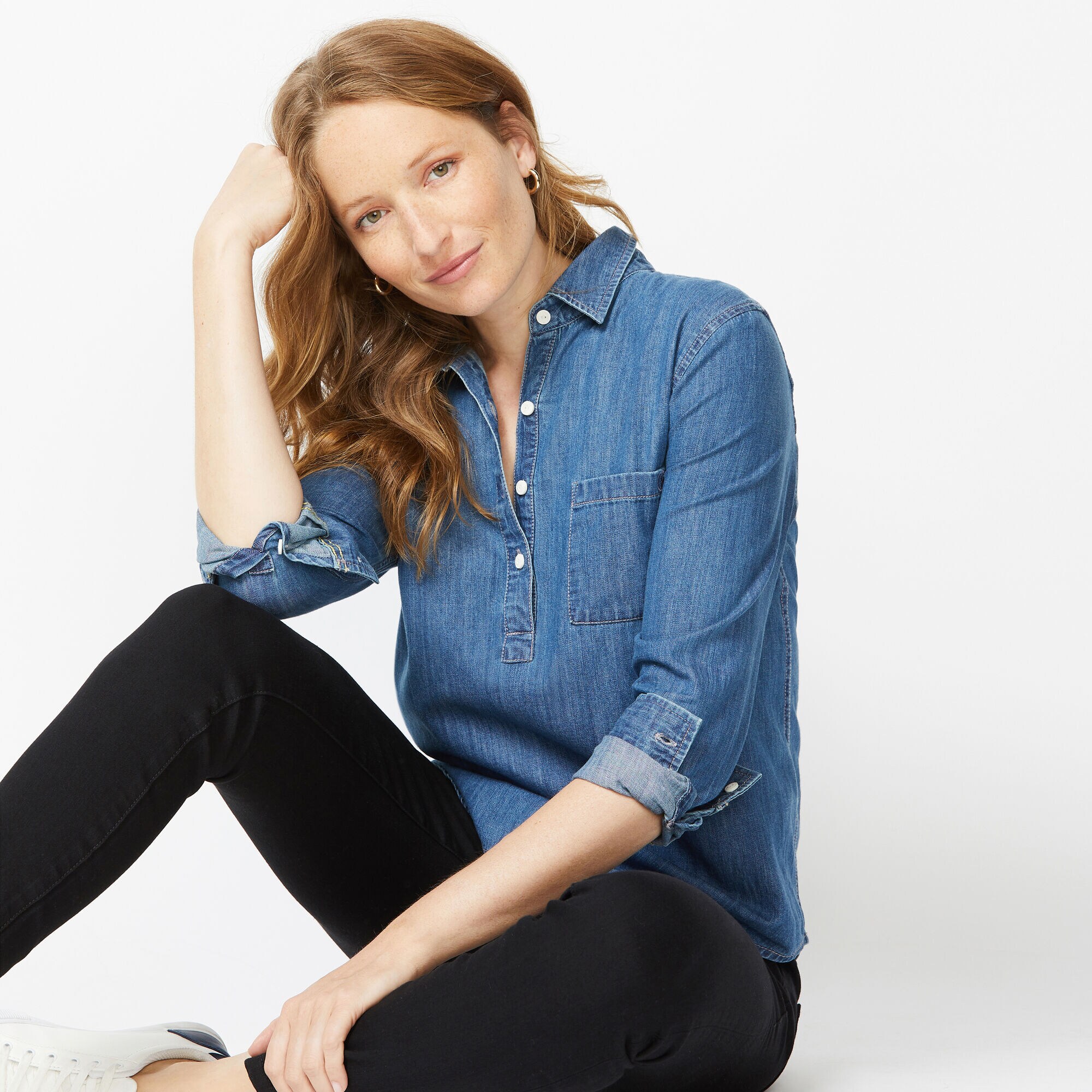 NAUTICA JEANS CO. LONG SLEEVE DENIM POPOVER BOYFRIEND SHIRT,Varsity Blue Wash,large