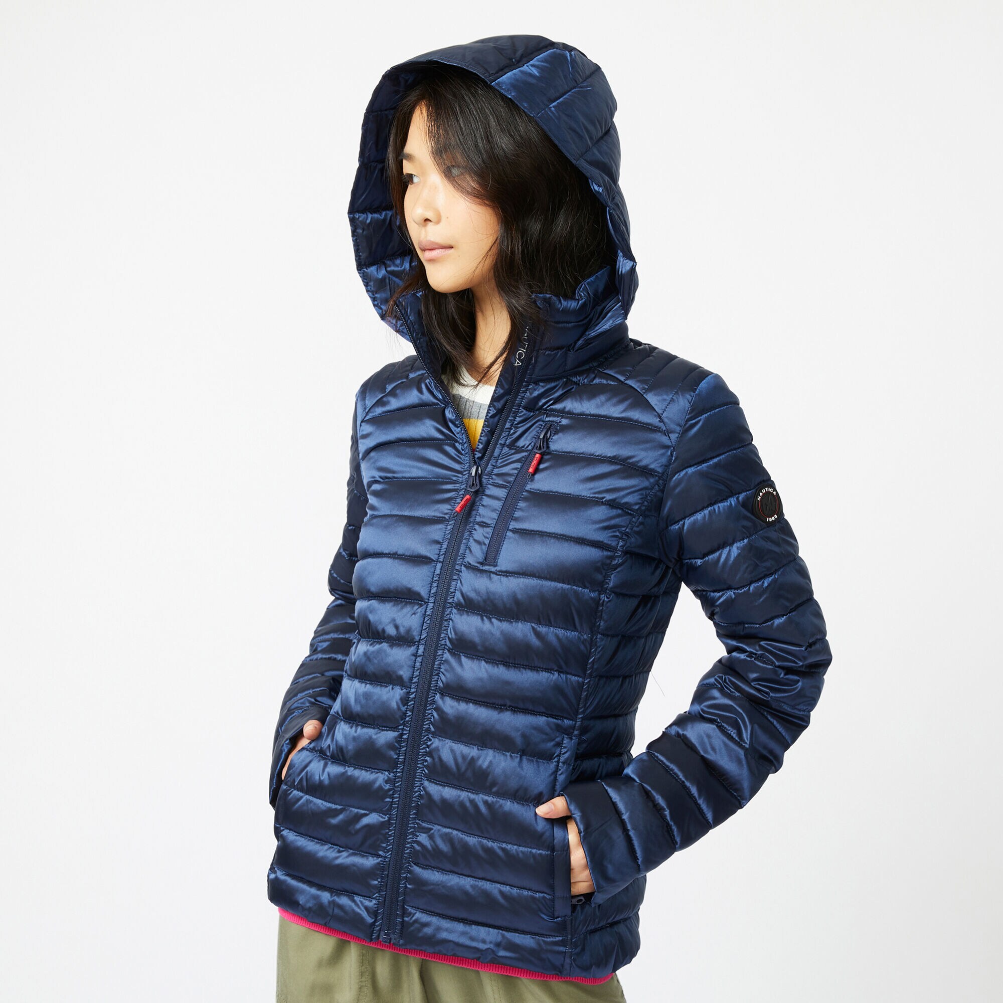 PACKABLE IRIDESCENT HOODED COAT,Stellar Blue Heather,large
