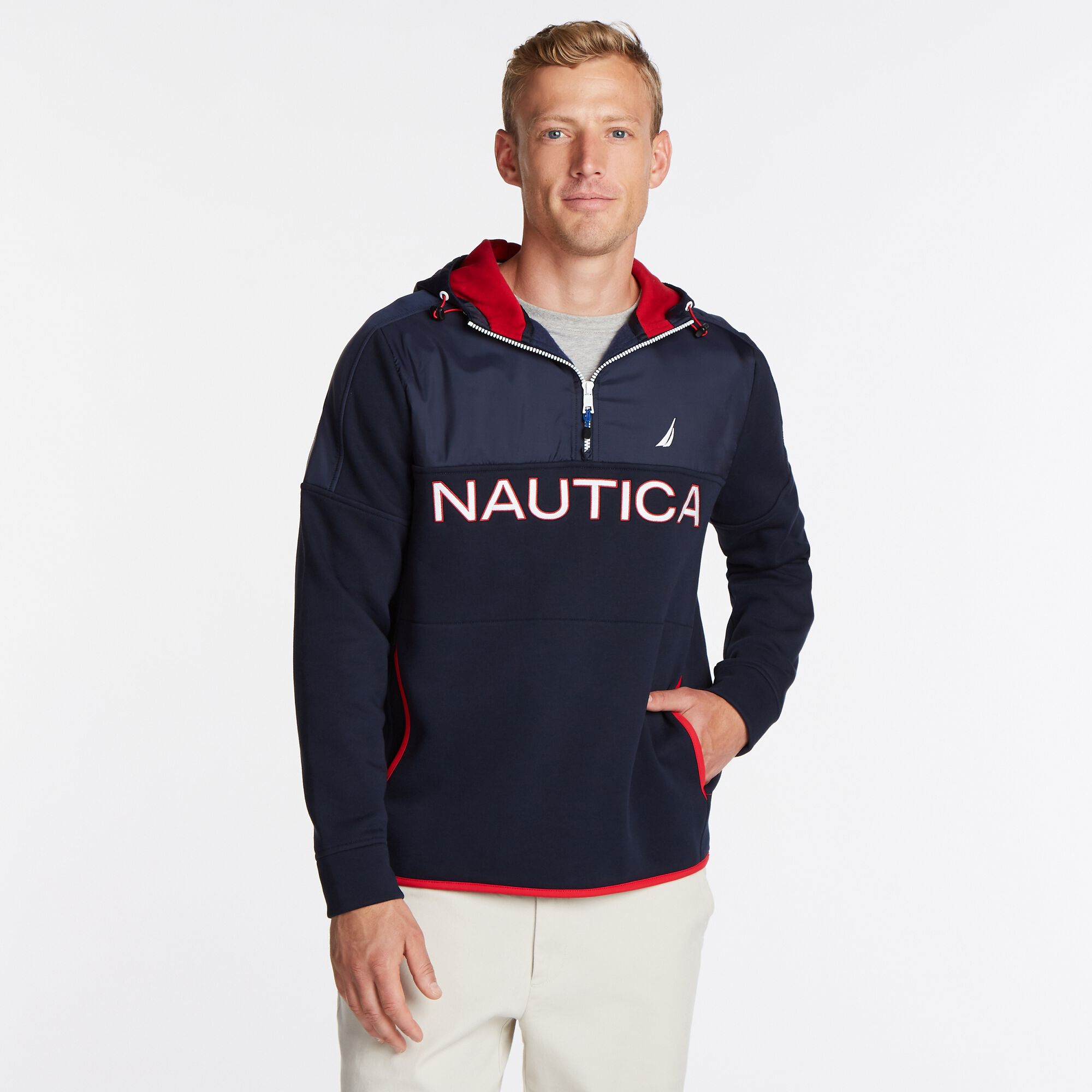 COLORBLOCK MIXED MEDIA QUARTER-ZIP HOODIE,Navy,large