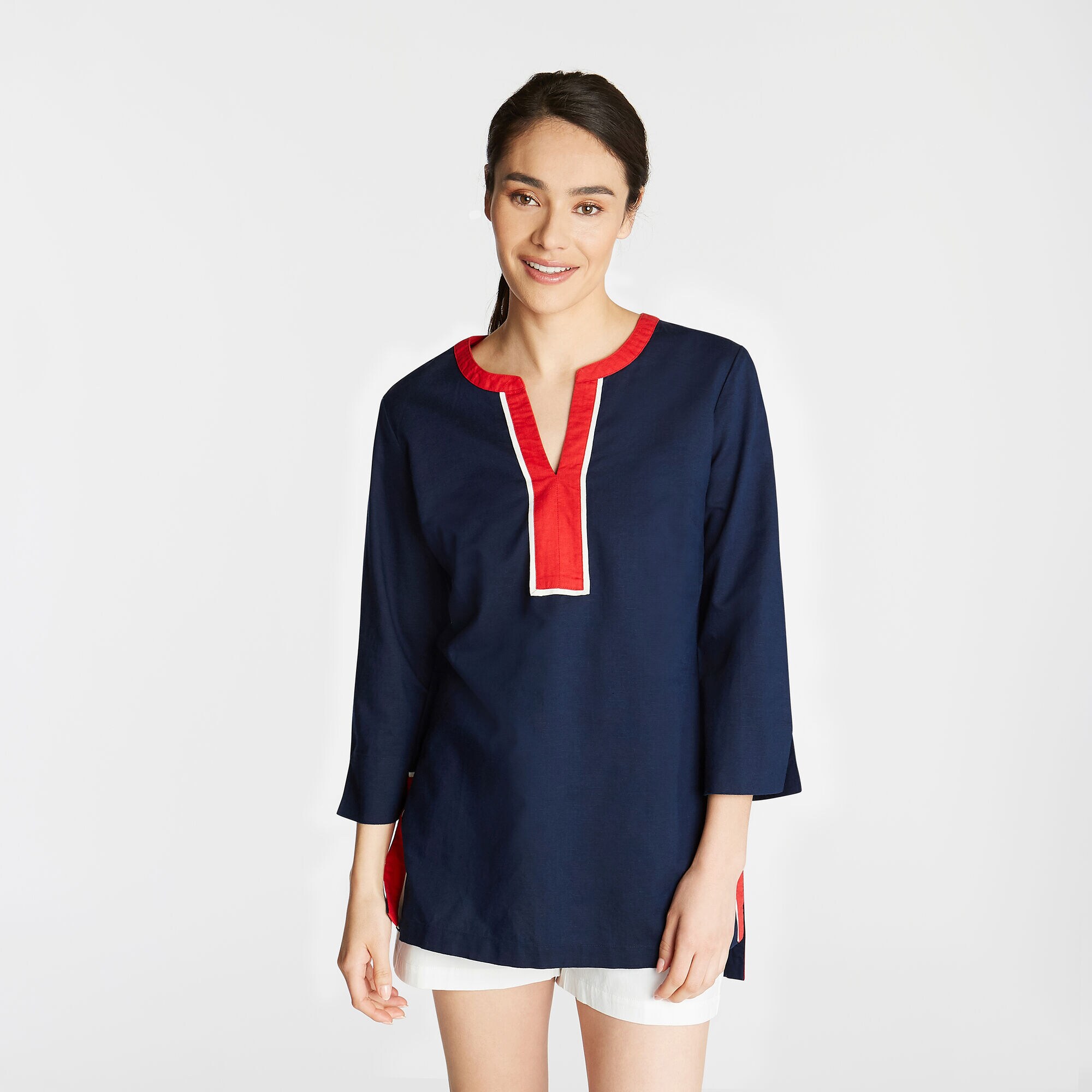 LINEN TUNIC TOP IN CONTRAST TRIM,Stellar Blue Heather,large