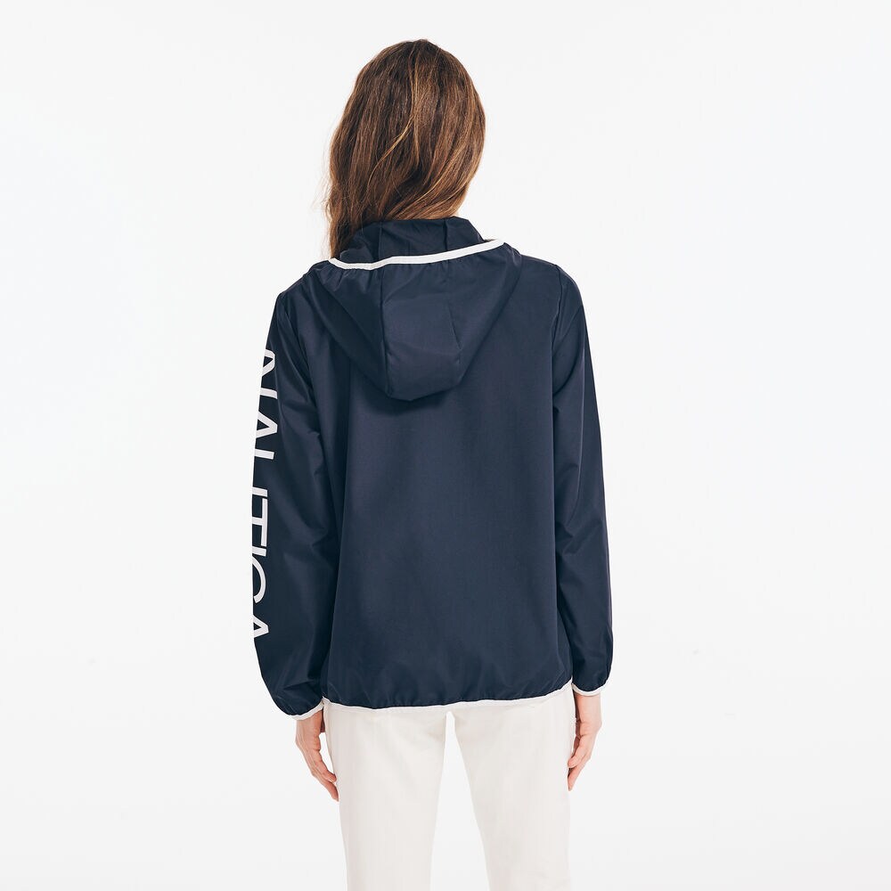 PACKABLE LOGO GRAPHIC HOODED WINDBREAKER,Stellar Blue Heather,large