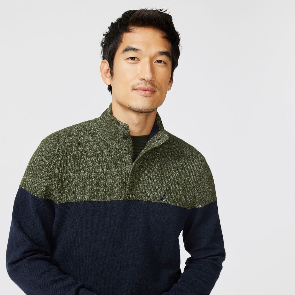 SUSTAINABLY CRAFTED COLORBLOCK SWEATER,Navy,large