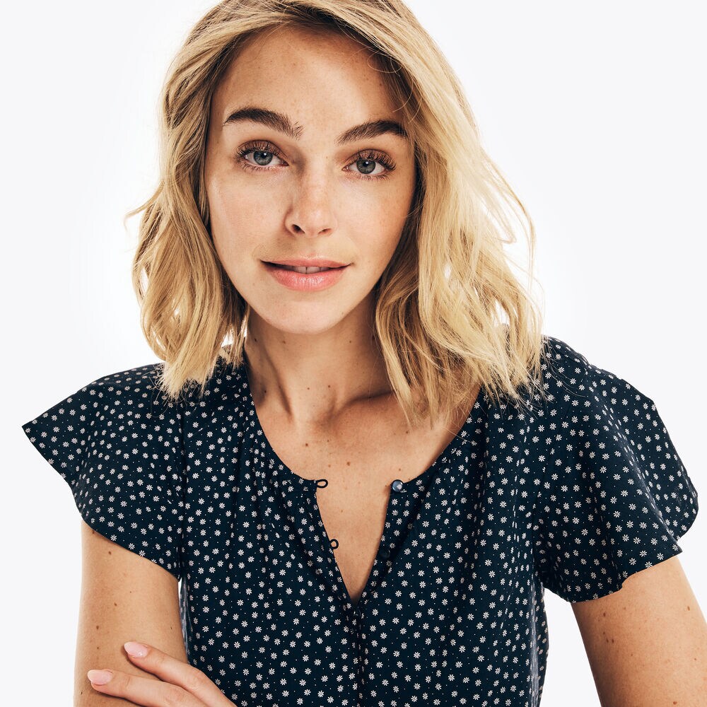 SUSTAINABLY CRAFTED SPLIT-NECK PEPLUM TOP,Stellar Blue Heather,large