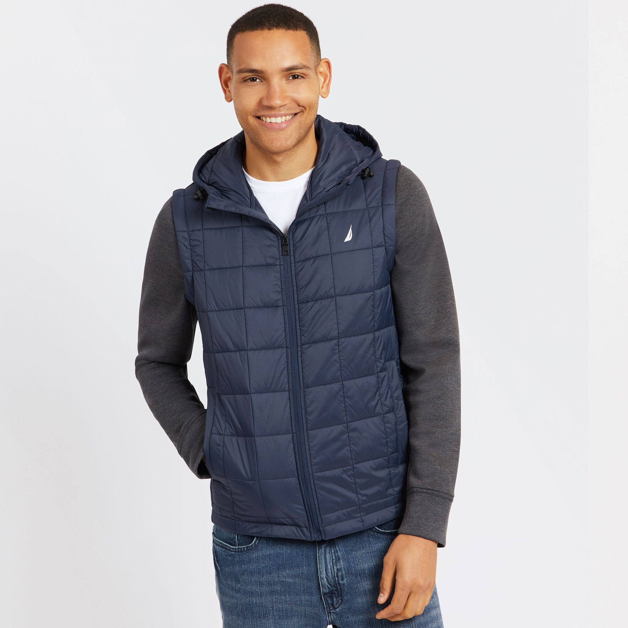 Quilted Jacket With Detachable Sleeves,Navy,large