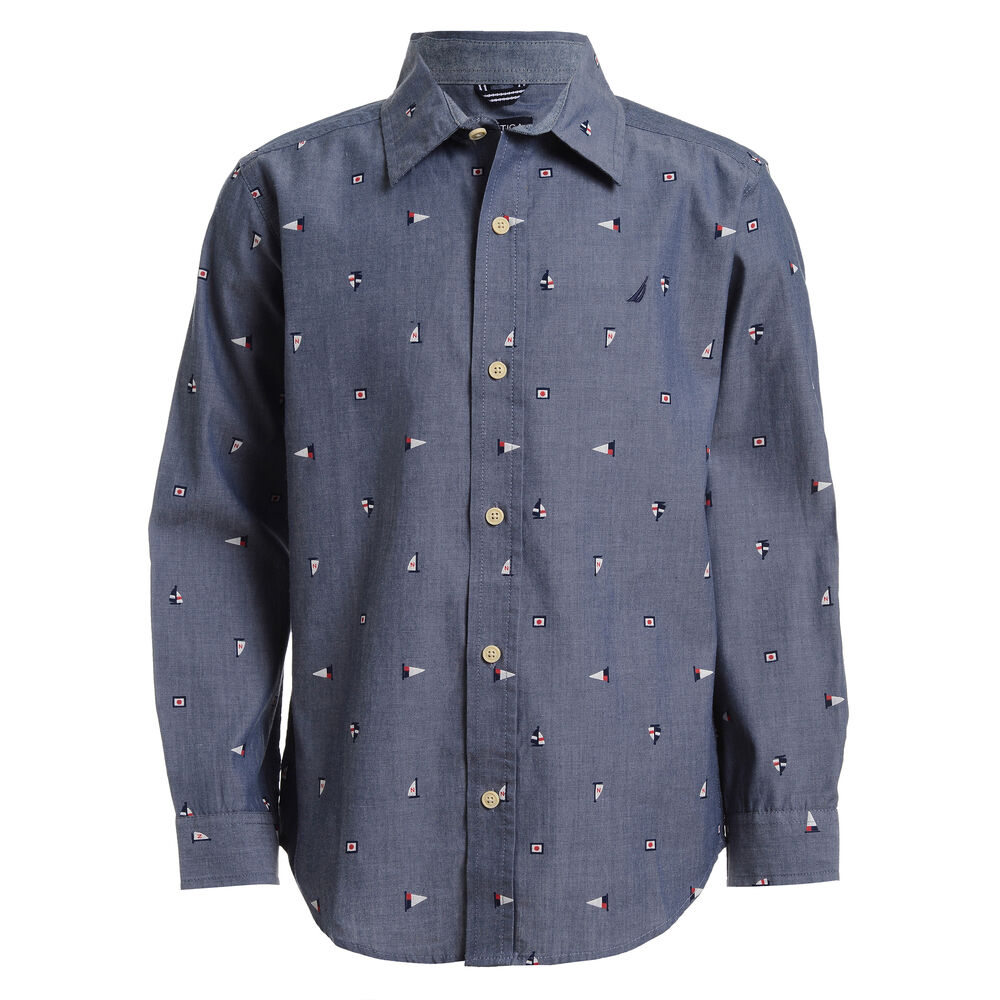 BOY'S PRINTED CHAMBRAY BUTTON DOWN SHIRT (4 -7),Angel Blue,large