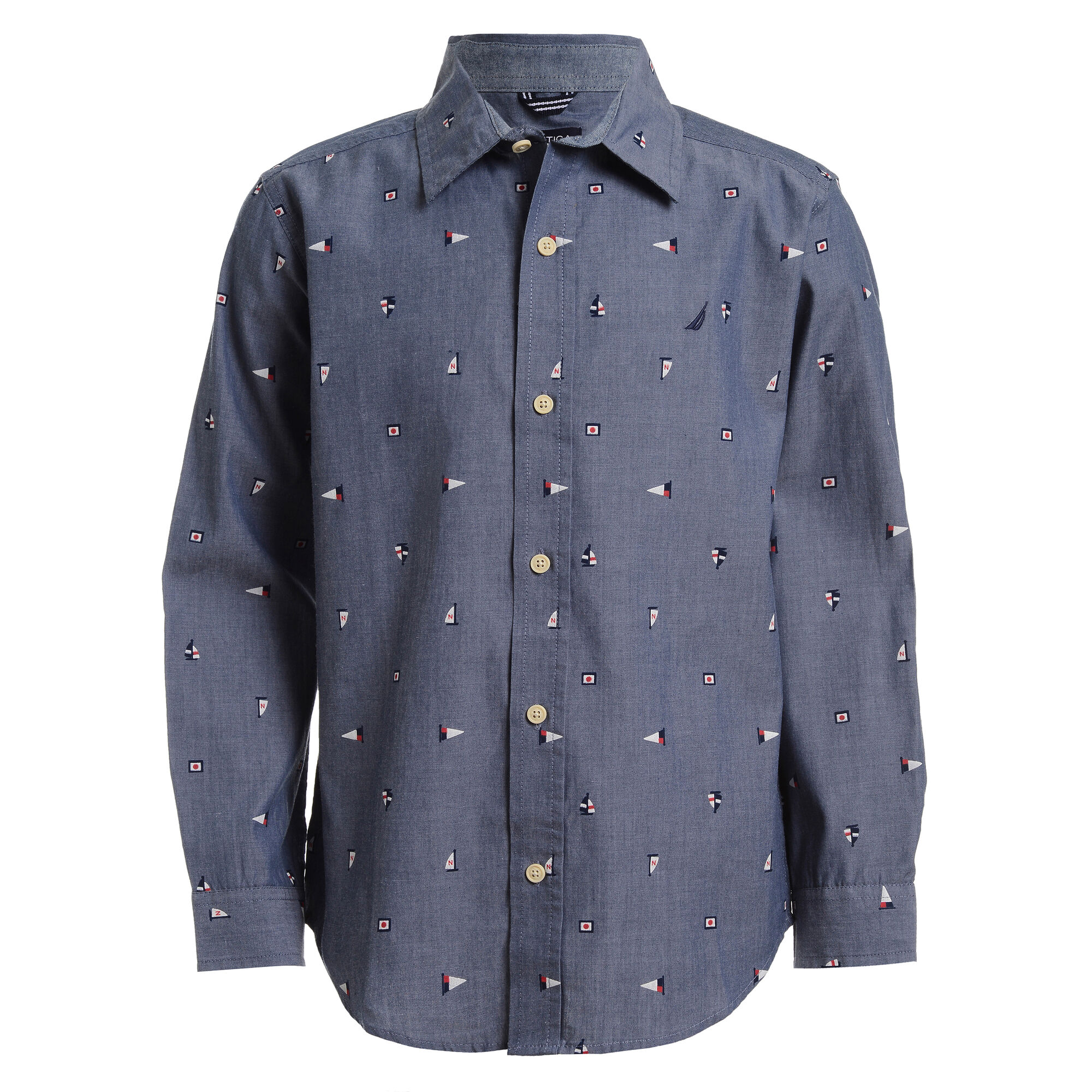 BOY'S PRINTED CHAMBRAY BUTTON DOWN SHIRT (4 -7),Angel Blue,large