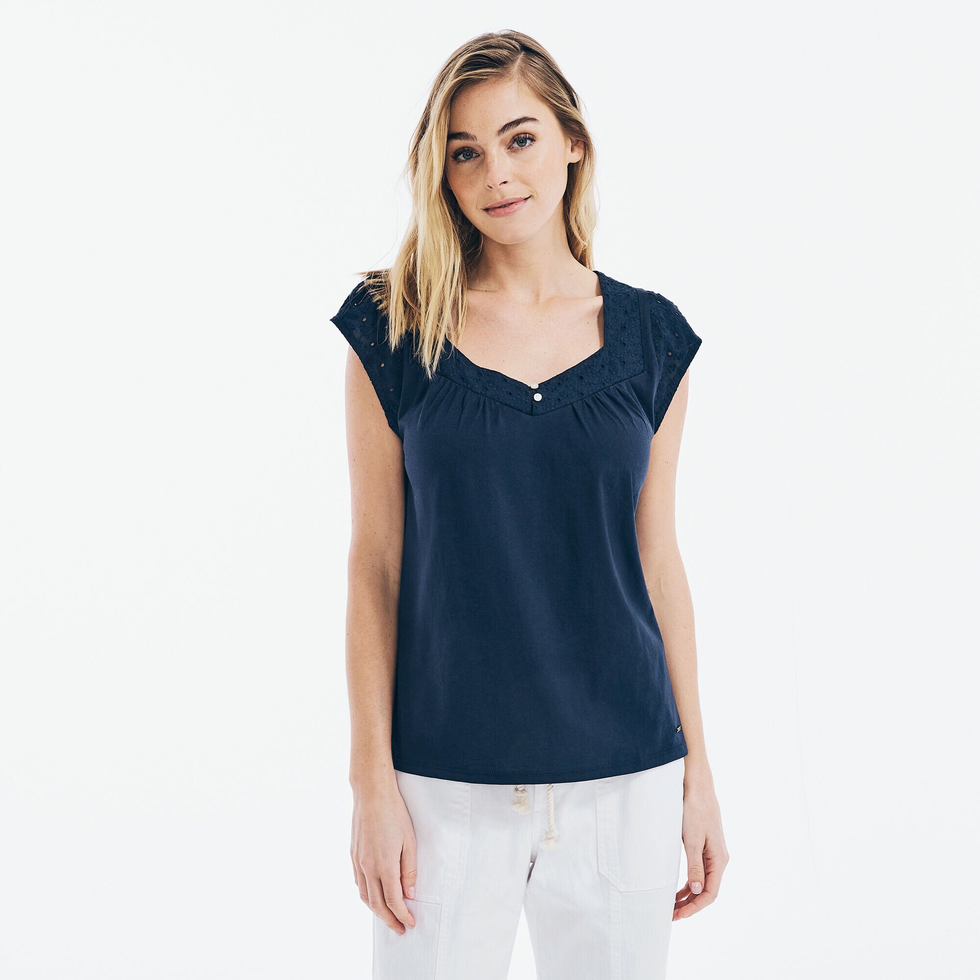 EYELET-TRIM KNIT TOP,Stellar Blue Heather,large