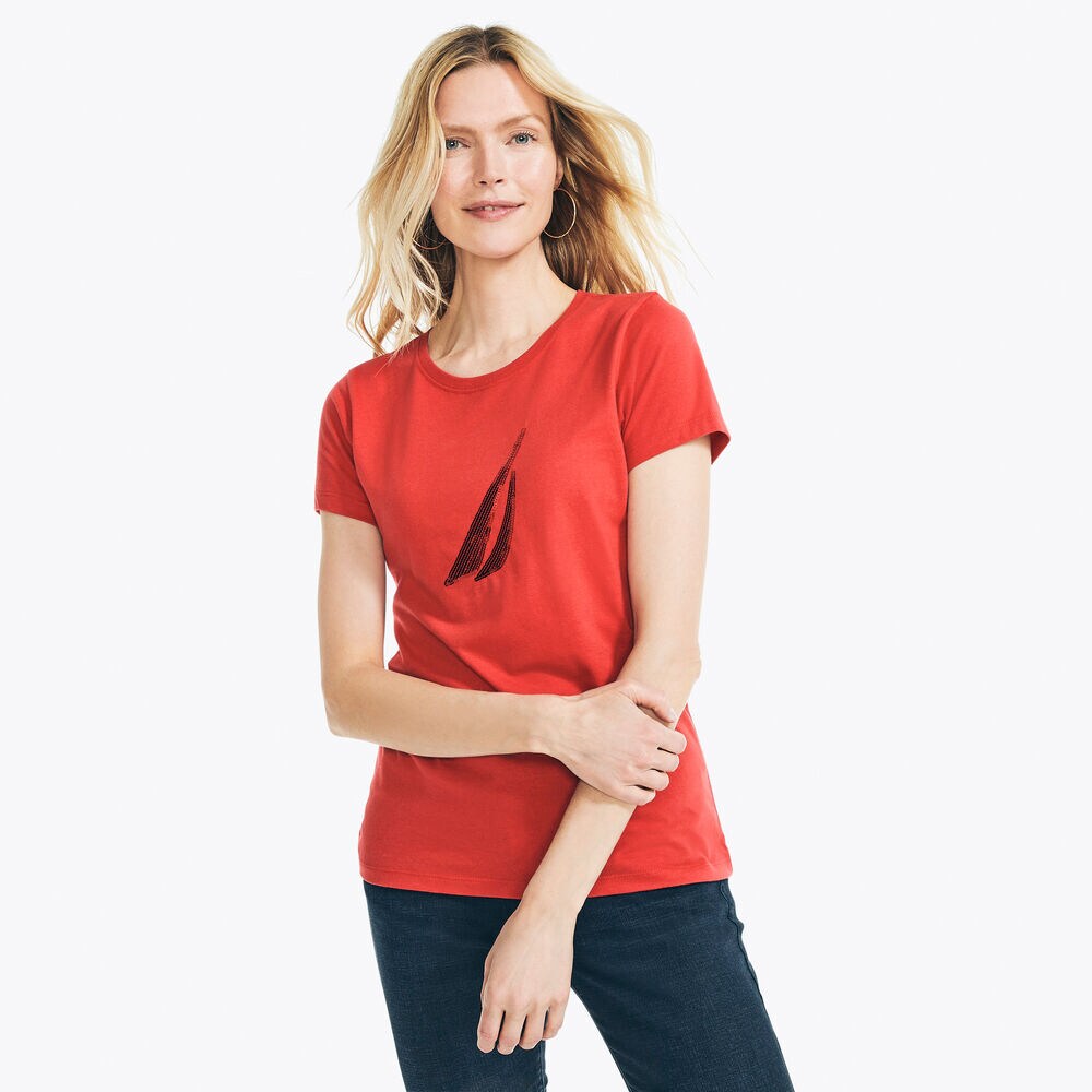SUSTAINABLY CRAFTED SEQUIN BRAND ICON T-SHIRT,Tomales Red,large