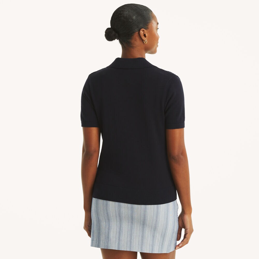 Cable-Knit Johnny Collar Sweater,Navy,large