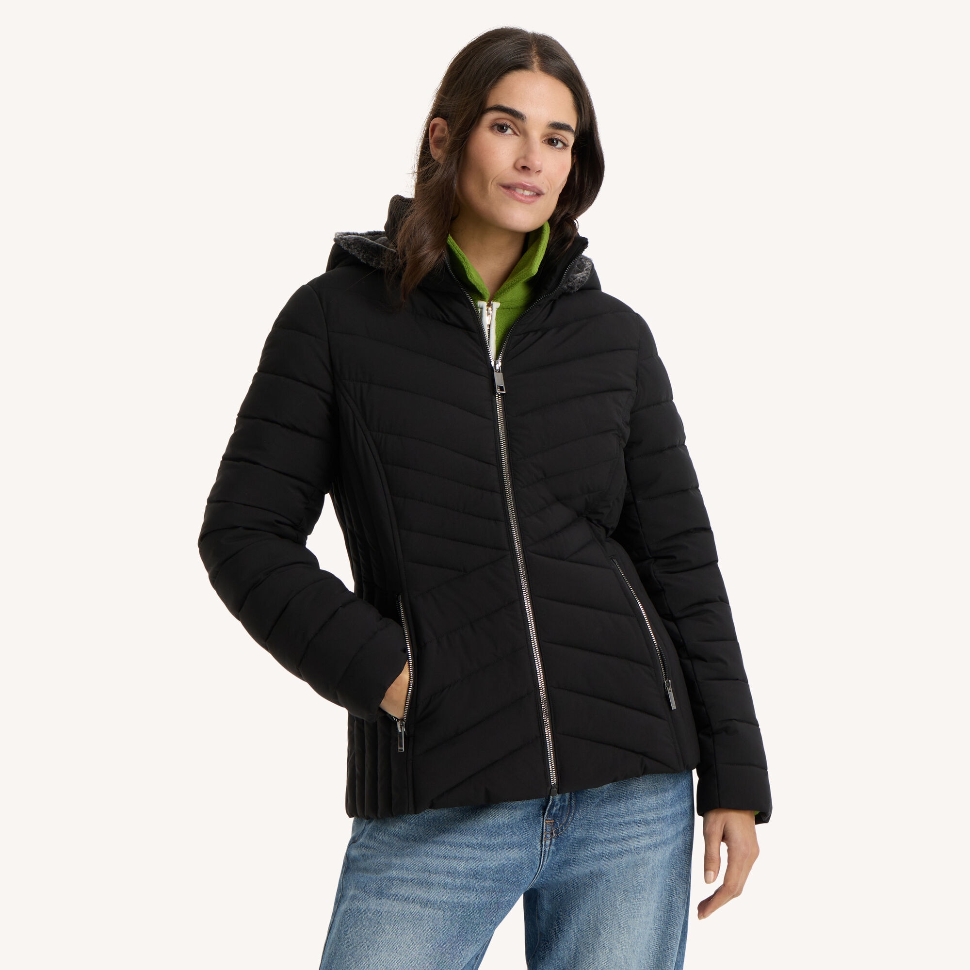 Short Hooded Jacket With Faux Fur Trim,Black,large