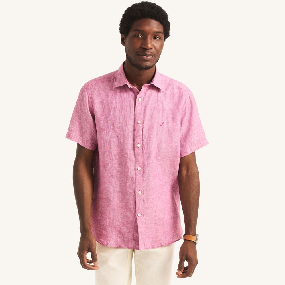 Solid Linen Short-Sleeve Shirt,Aren/Mauve,large