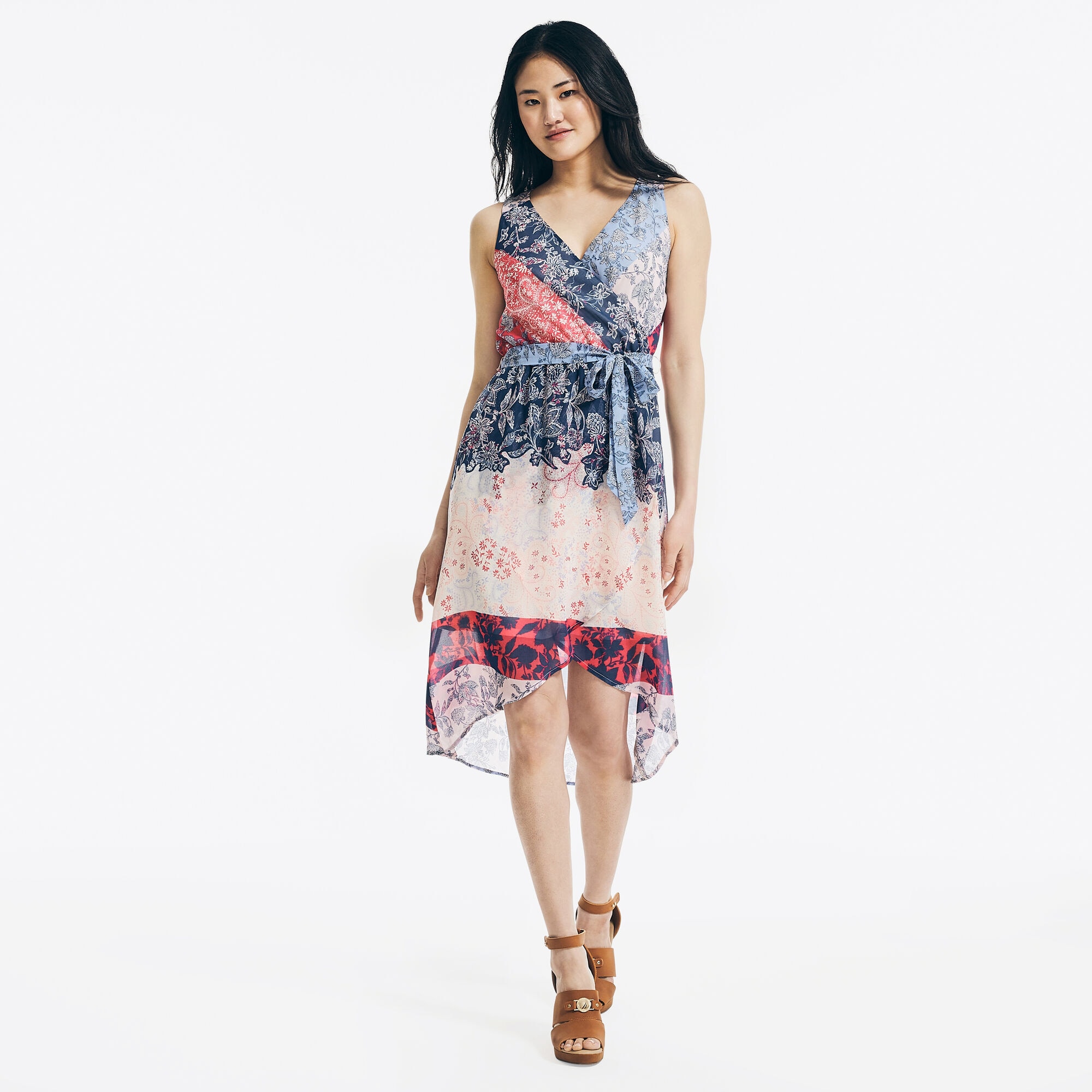 FLORAL PRINT CHIFFON WRAP DRESS,Nautica Blue,large
