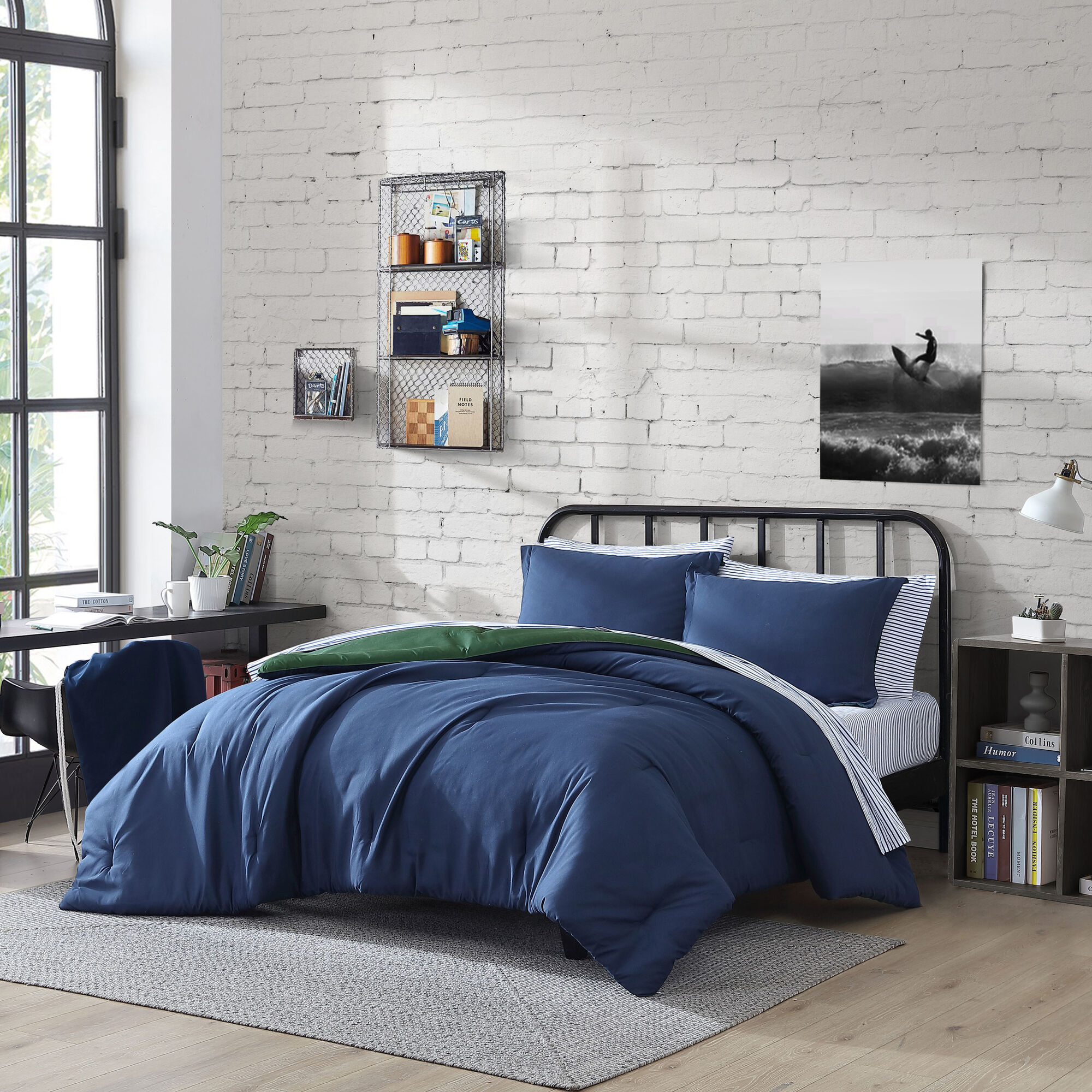 Solid Navy Queen Reversible Comforter & Sham Set,Deep Dive Wash,large