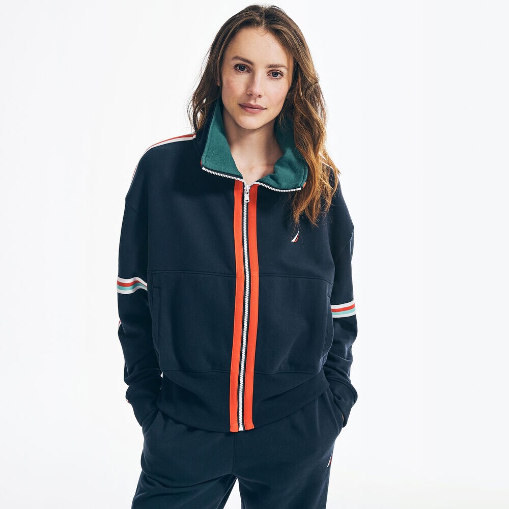 STRIPE-SLEEVE FULL-ZIP JACKET,Navy,large
