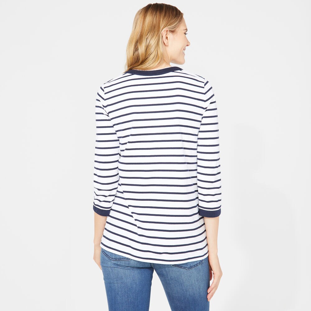Embroidered Trim Stripe Knit Top,Bright White,large