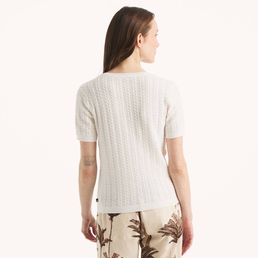Cable-Knit Short-Sleeve Sweater,Shell,large
