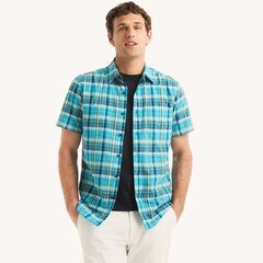 Madras Plaid Short-Sleeve Shirt,Azure Blue,large
