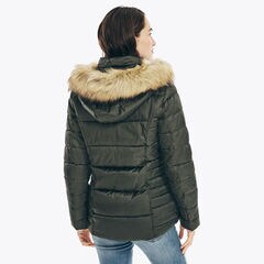 FAUX-FUR TRIMMED HOODED PUFFER,Teal Wave,large