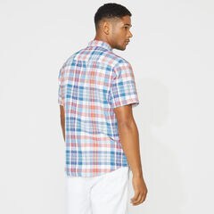 PLAID LINEN SHORT SLEEVE SHIRT,Bright White,large
