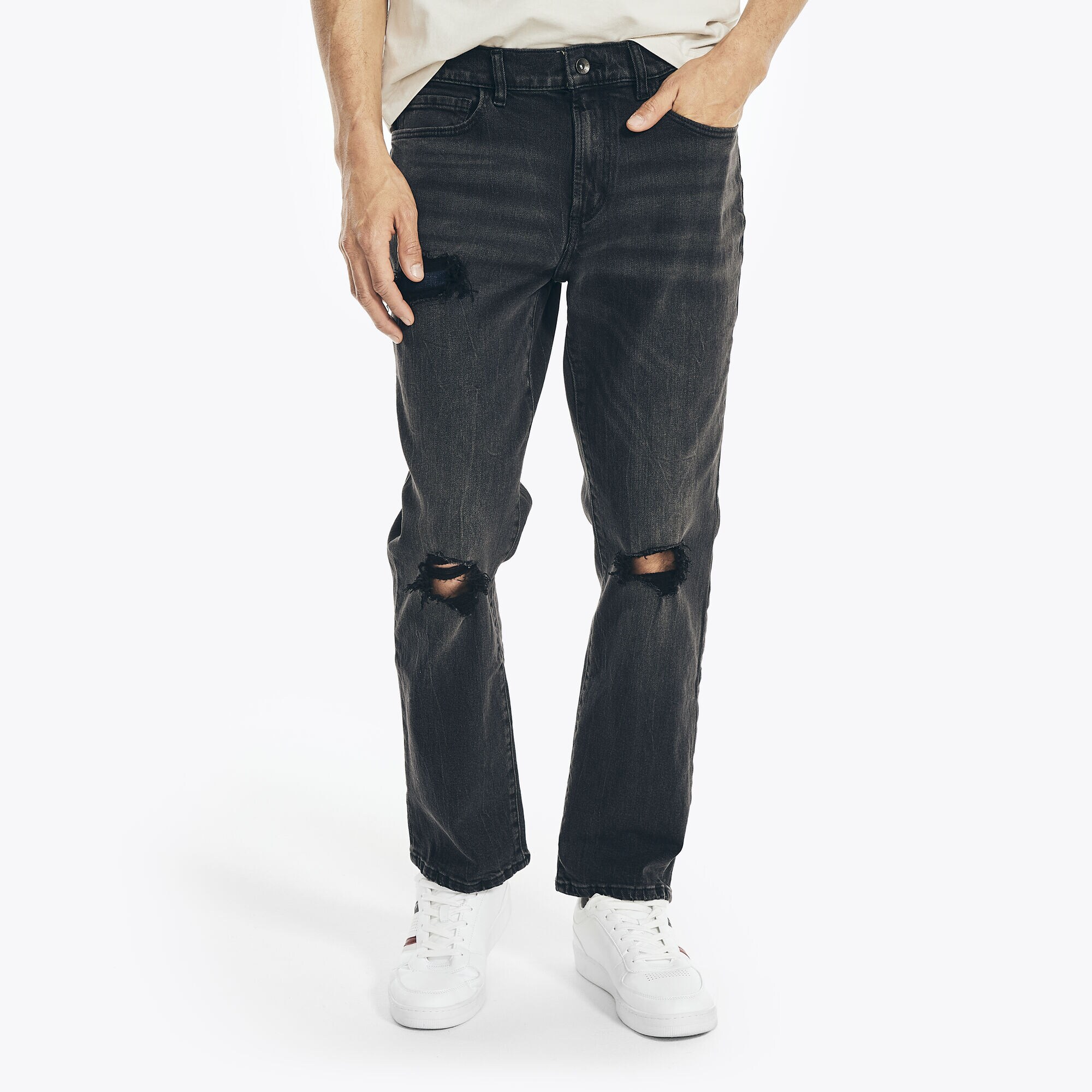 NAUTICA JEANS CO. DISTRESSED STRAIGHT FIT DENIM,Black Ink Wash,large